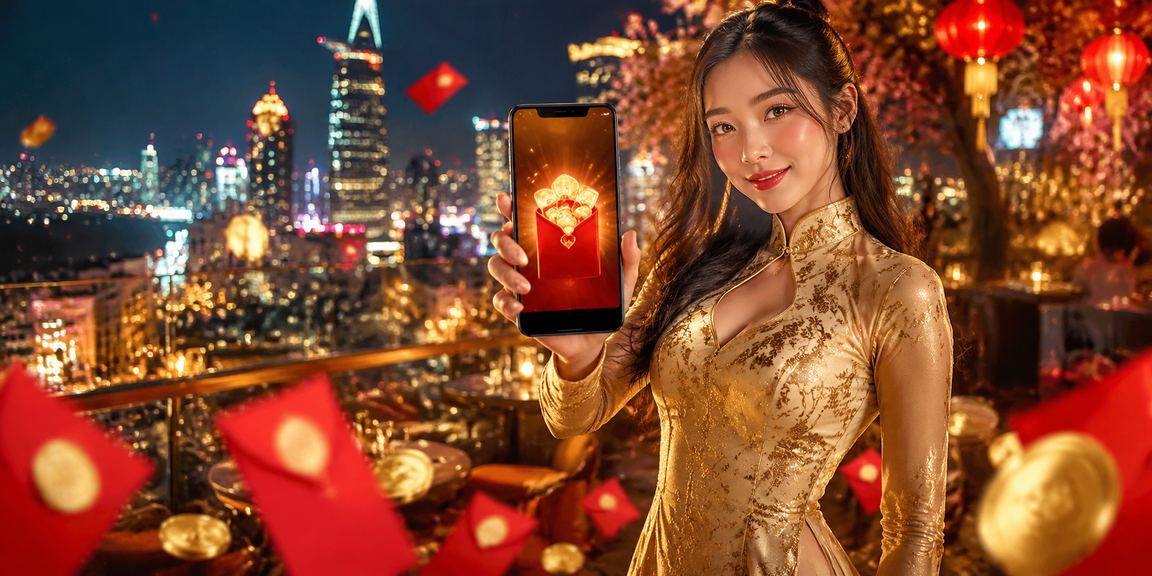 Người phụ nữ mặc áo dài tại TP.Hồ Chí Minh cầm phong bì đỏ biểu trưng cho thưởng may mắn