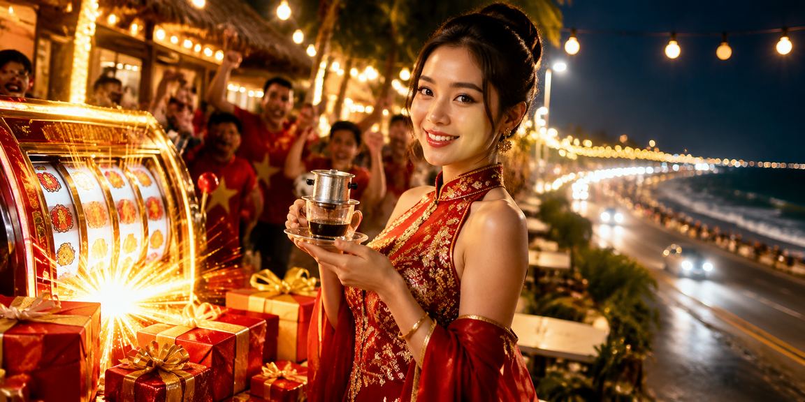 Người chơi slot game tại Phan Thiết bên tách cà phê buổi chiều tại quán ven biển